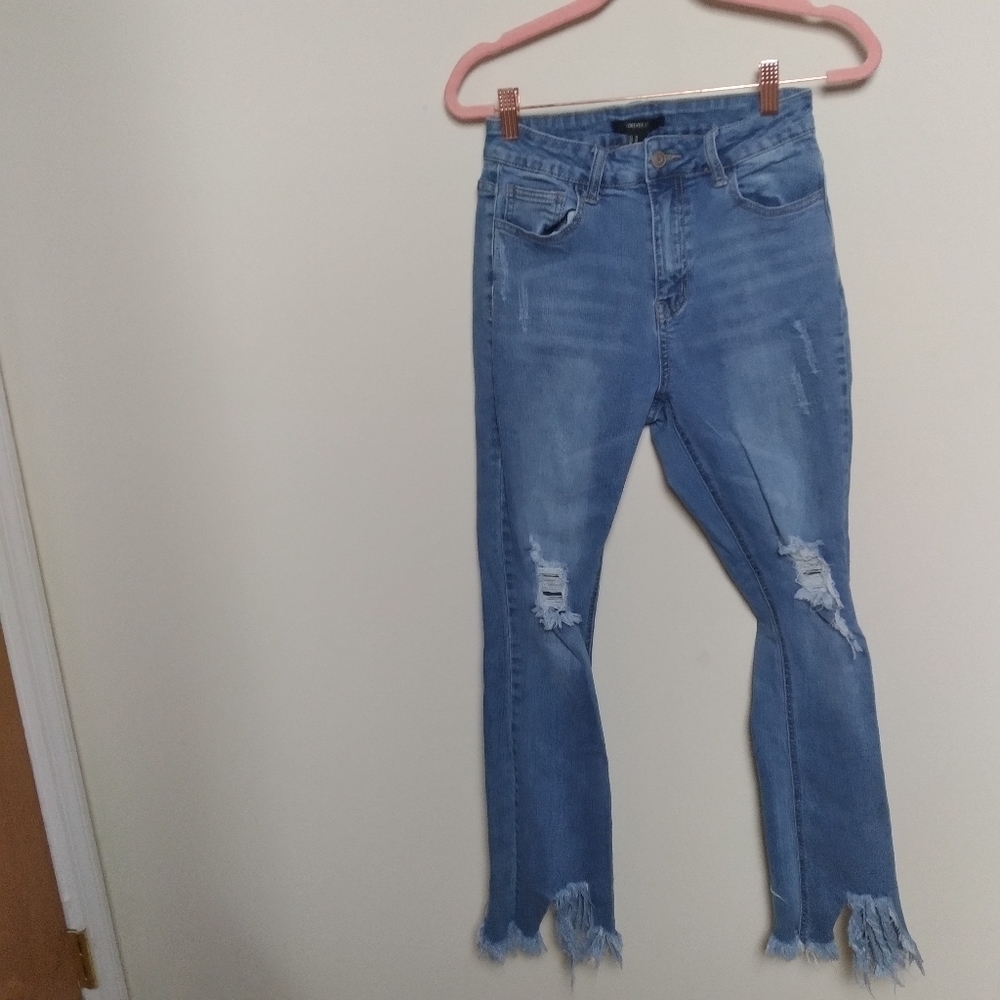 Forever 21 Light Wash High Waist Distressed Jeans with Frayed Hems Size 26